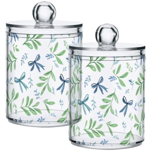 Gredecor 4 Pack Qtip Holder Clear Blue Bows Green Leaves (4) Apothecary Jars with Lids Acrylic Bathroom Jars Vanity Countertop Canister Storage Organizer for Cotton Ball,Swabs,Pads,Floss