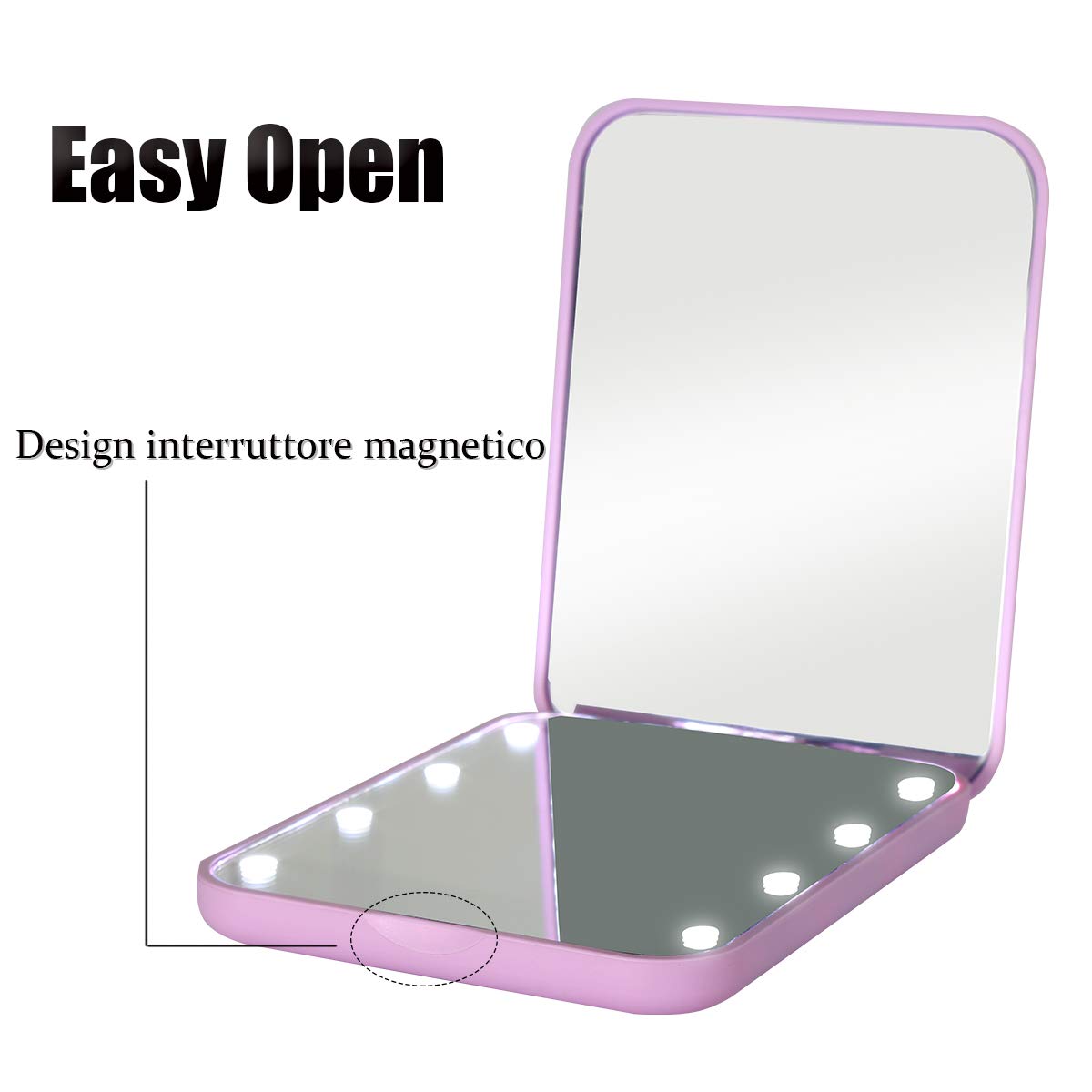 WOBSION Specchio Portatile con Luce LED per Viaggio,Pieghevole Specchietto da Borsetta di 1x/3x Ingranditore,Piccolo Mirror per Trucco con Interruttore Magnetico,a Regalo,Viola