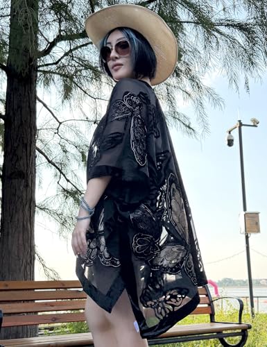 Image of Women's Burnout Velvet Kimono Long Cardigan Cover Up Casual Outfit