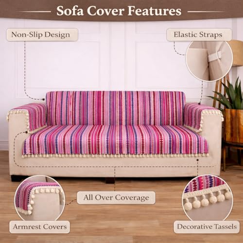 Image of Gifts Island 3 Seater Cotton Sofa Cover Mat | Anti Slip Sofa Cover Throw | All Over Furniture Protector with Elastic Straps | Washable Couch Cover for Living Room (Pink, 3 Seater)