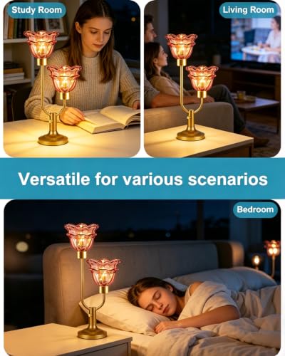 Image of Lightdot Mid Century Modern Flower Table Lamp Vintage Pink Lamp Dimmable | Nightstand Lamp Glass Gold Desk Lamp 2 Bulbs Included Warmwhite Ambient Bedside Lamps for Living Room Bedroom Home Decor Gift