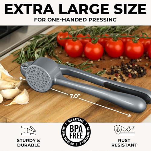 Image of Zulay Kitchen Large Premium Garlic Press Set - Bigger Bowl for Bigger Garlic - Rust Proof Garlic Mincer Tool - Easy-Squeeze, Easy-Clean Silicone Garlic Peeler & Brush (Slate)