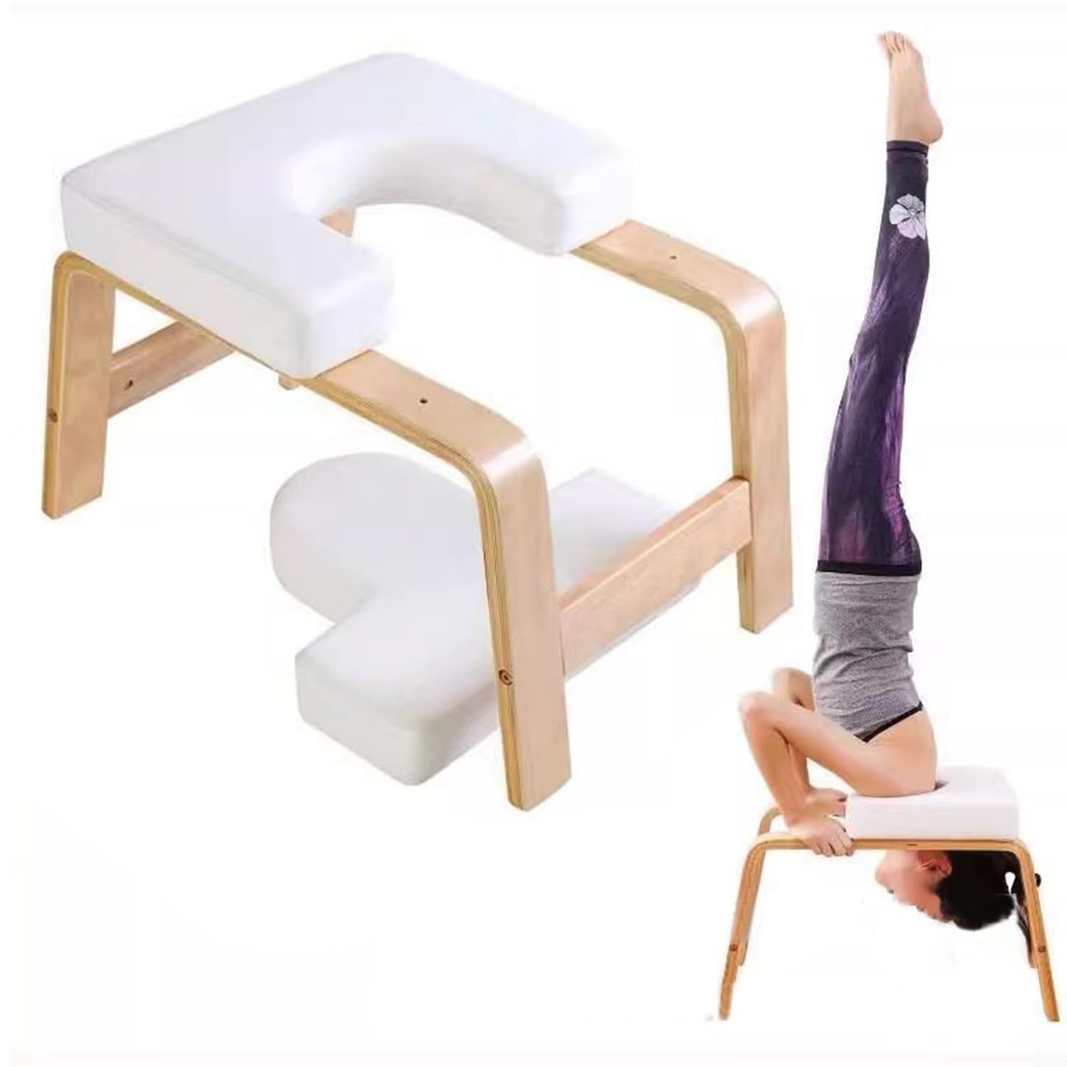 Sgabello Yoga Per Verticali,Seduta Yoga Per Esercizi Headstand In Legno Massiccio,Poggiatesta Rimovibile,Adatta Per Chi Pratica Fitness,Uso Domestico,(63 * 41 * 38cm,Bianco)