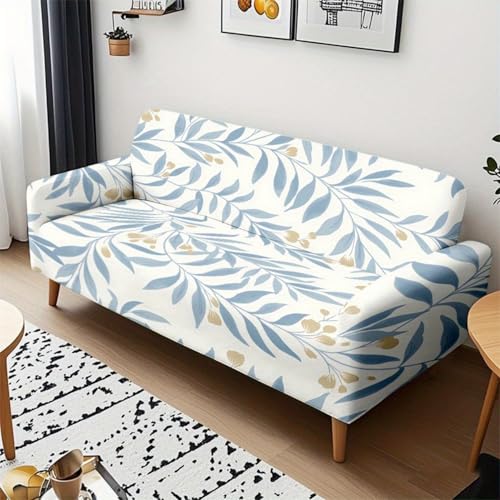 Funda Sofa 3 Plazas Hojas Azules General Funda De Sofá Elástica En Spandex,Anti Gatos Arañazo Y Perros Mascotas,Antideslizante Protector Sofa,Adecuado para Sala De Estar