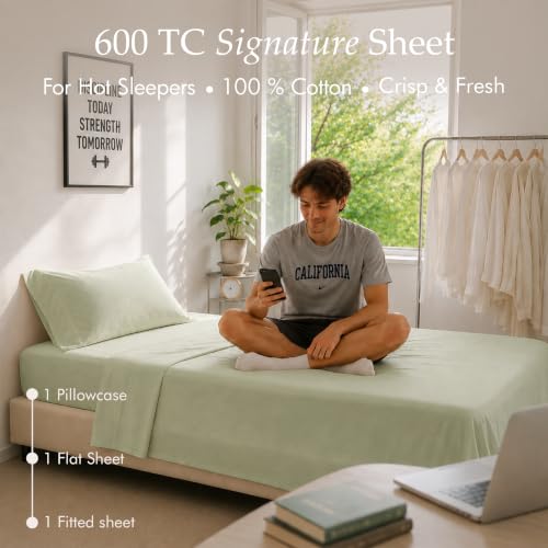 Image of Threadmill 600 Thread Count Cotton Twin XL Sheet Set, Sateen, Sage Green