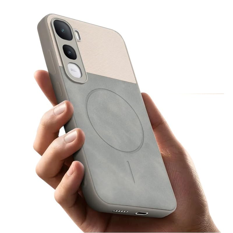 Image of Bintage case Dual-Leather Macc-Safe Design Phone Case| Soft Touch Finish | Full Camera Protectection Back Cover Compatible for Vivo V2506 / Vivo Y400 5G - White & Matelic Grey
