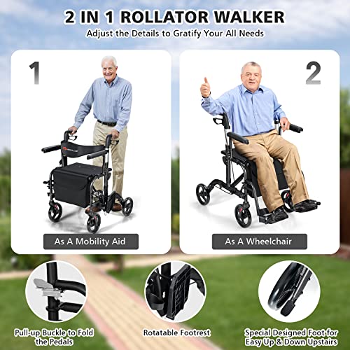 Goplus 2 In 1 Rollator Walkers For Seniors With Seat, 8-Inch Wheel Medical Drive Walker Wheelchair Combo With Backrest, Height-Adjustable Handle, Aluminium Frame, Folding Rollator Walker For Adults #TOP1