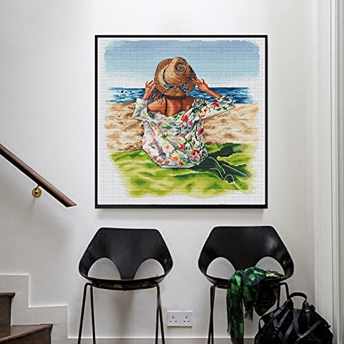 cukol cukol Girl Sit Beach Cross Stitch Kits for Adults Easy Counted Pre Printed Stamped Cross Stitch Kits for Adults Beginners UK 11ct 11 Count Modern Advanced Embroidery Crossstitch Set 46x51 cm - Image 4