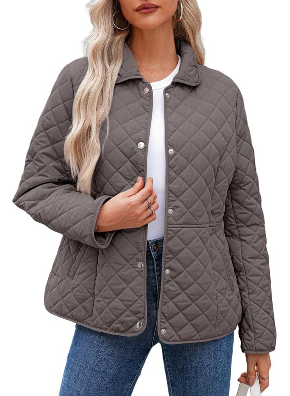 Dokotoo Womens Quilted Jackets Long Sleeve Puffer Fall Jacket Casual Thicken Button Down Lightweight Winter Outerwear Coats for Women 2026 Trendy Chocolate Brown Fall Clothes Small