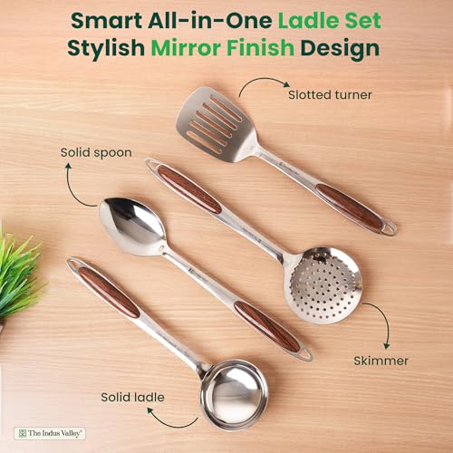 Image of The Indus Valley Stainless Steel Ladle /Spoon /Slotted Turner /Skimmer - Set of 4 | Cooking Utensils| Kitchen, Serving Tools | No Harmful Polish