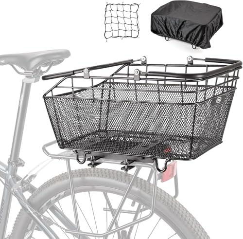 CXWXC Cesta Trasera para Bicicleta con asa: Cesta Trasera de Bicicleta Desmontable rápida con Red de Equipaje y Cubierta Impermeable, Cesta de Alambre Grande para la Parte Trasera de la Bicicleta