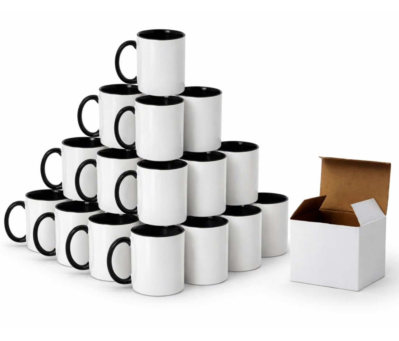 Lote 36 tazas ceramicas sublimación Negras de 350ml capacidad con exterior en color blanco e interior en Negro, presentadación en cajas individuales Negras, tazas sublimación al mayor.