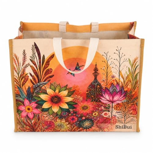 Image of SHIBUI Big Heavy Duty Large Eco Waterproof Cotton Canvas Cloth Grocery Shopping Bag for Men Ladies Vegetable Milk Fruits with Hand Carry Handle Lunch Box Jhola Tote Bags (3, Flower Print)