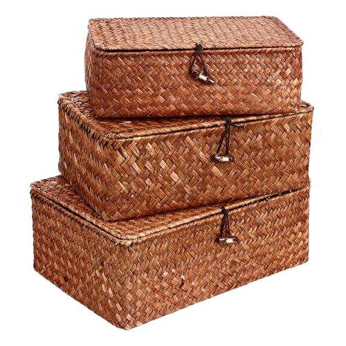 jojofuny 3 piezas Cestas de Ratán con Tapa Cajas Organizadoras Tejidas Mano para Almacenaje de Artículos Diversos Salón Dormitorio o Baño Diseño Compacto y Funcional