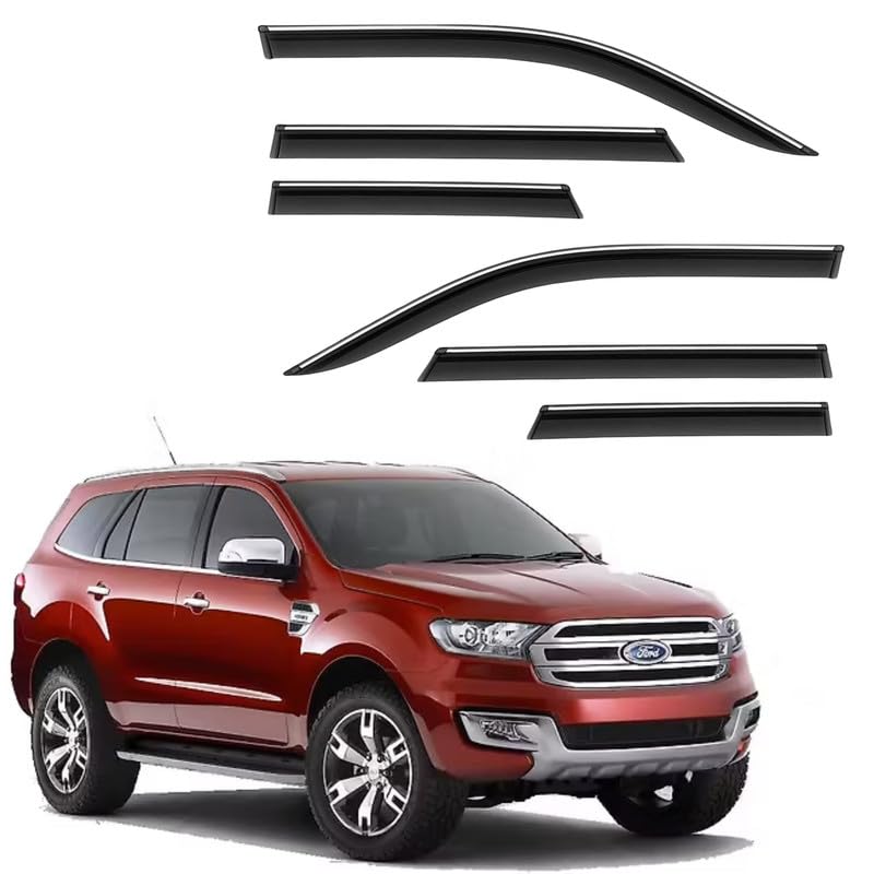 Image of CAR SAAZ Side Door Visors for Endeavour Type 3&4(2016-2019)(Set of 6Pcs)|Chrome Lined Rain Guards, Polycarbonate, Smoke Finish