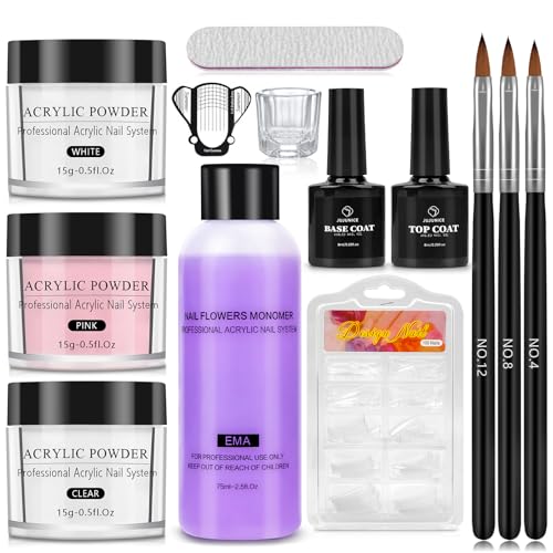 Yokilly Acrilico Para Uñas Profesional: Kit Uñas Acrilicas con 15G Polvo Acrilico Para Uñas Con Blanco Rosa Y Transparente - 100 Piezas Uñas Postizas Acrilicas Kit Completo Manicura