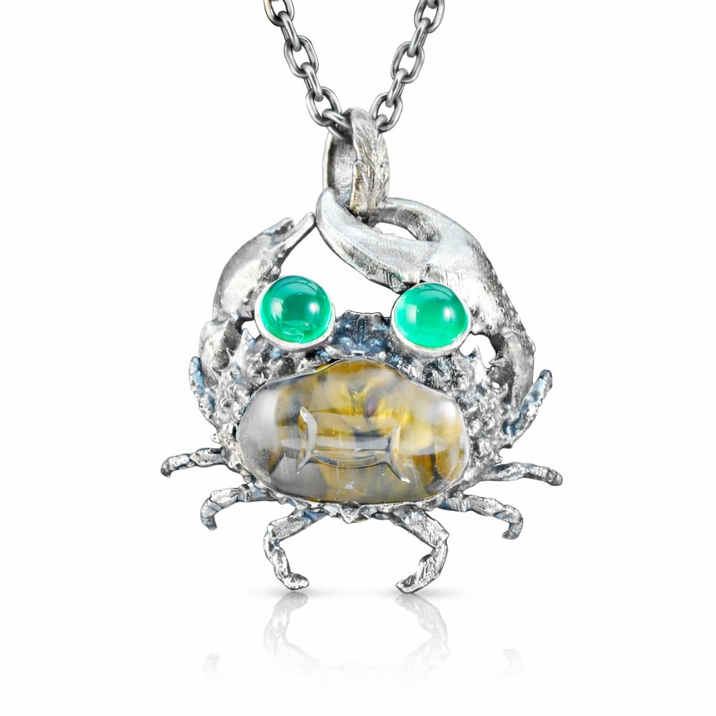 Generisch 925 Sterling Silber Krabben Anhänger mit Bergkristall und grünem Achat, handgefertigte Tier Halskette im maritimen Design, Unisex Schmuckstück