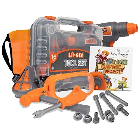 Li'l-Gen Kids Tool Set with Book, 16 Pieces Tools Plus Case - Includes Oliver's Surprise Project! Book Pretend Play Toys for Boys and Girls Age 3+ Cover