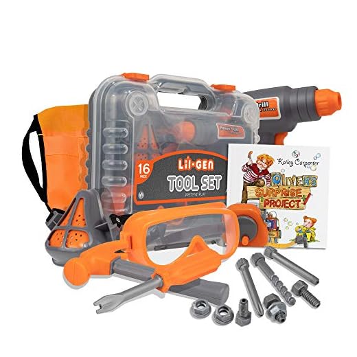 Li'l-Gen Kids Tool Set with Book, 16 Pieces Tools Plus Case - Includes Oliver's Surprise Project! Book Pretend Play Toys for Boys and Girls Age 3+,