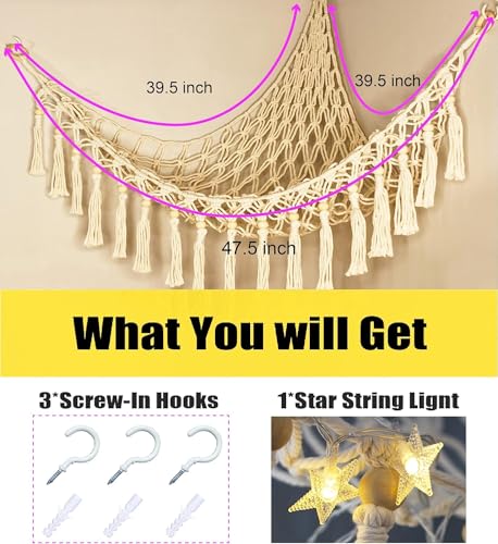 Image of Stuffed Animal Toy Storage Hammock with LED Light - Macrame Jumbo Doll Corner Stuff Animals Organizer Decorations - Cute Hanging Plushie Net Kids Baby Nursery Bedroom Room Decor (Pack of 2)