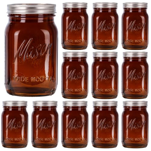 Rubtlamp Amber Mason jar 32 oz 12 Pack Glass Jars - Wide Mouth Mason Jars with Airtight Lids for Pickling Fermenting Food Storage&DIY Crafts Microwave & Dishwasher Safe