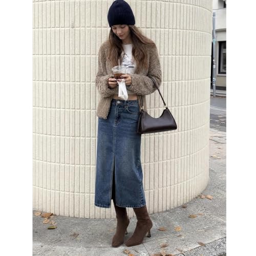 Image of Dsevht Black Leather Knee High Boots for Women Stiletto Kitten Heeled Sexy Boots Square Toe and Side Zipper Design Fashion Dress Boots
