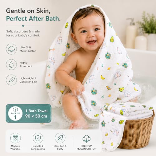 Image of 6 Layer Muslin Cotton Printed Bath Towel for Babies Cotton Super Soft Towels for Newborn Baby Absorbent Bathing Towel,Kids Boys and Girls Random Print Size 45 x 90 cm (Pack of 1)