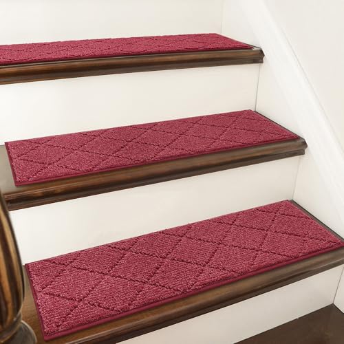 Image of COSY HOMEER Edging Stair Treads Non-Slip Carpet Mat 28inX9in Indoor Stair Runners for Wooden Steps, Edging Stair Rugs for Kids and Dogs, 100% Polyester TPE Backing (4pc, Red)