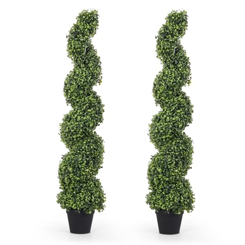 THE BLOOM TIMES 4ft Spiral Boxwood Topiary Trees Artificial Outdoor Set of 2, 48 Inch UV Resistant Faux Evergreen Trees - Fake Twisting Plants for Front Porch Outside Planter Decor 4 Foot