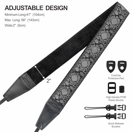 Image of Padwa Lifestyle Camera Strap - 2 inch Full Grain Leather Ends Camera Straps for Photographers, Vintage Embroidered Cotton Weave Soft Suede Fabric Padded Strap Quick Release fits All Cameras