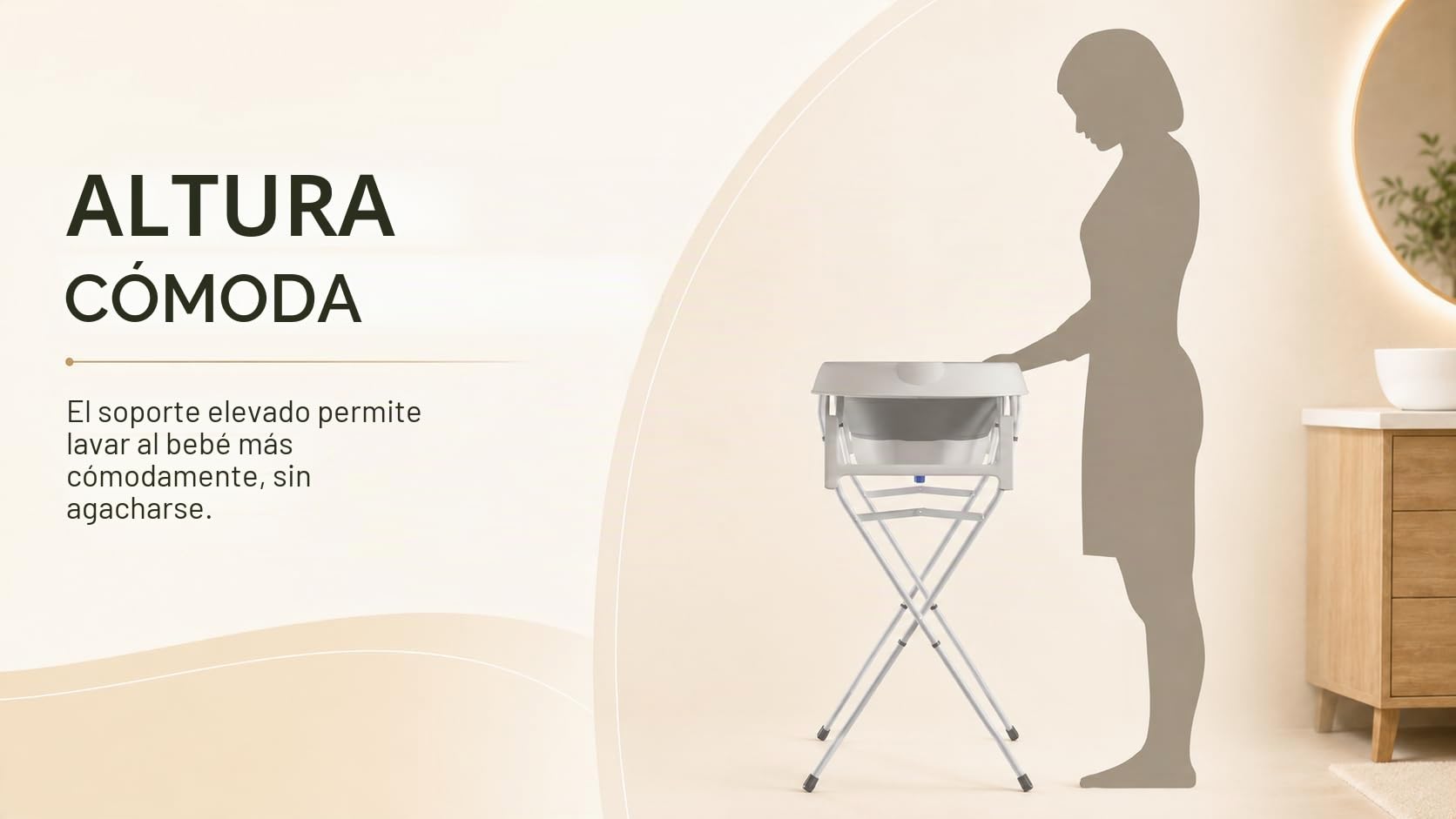 Bañera plegable para bebé con soporte de acero, termómetro integrado, cojín ergonómico y manguera de drenaje - Baby Dolphin - Compacto y transportable 0-3 años, gris