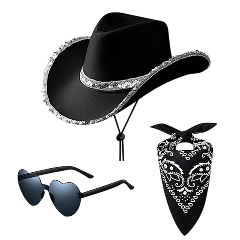 Chapeau de Cow Boy Noir, Cowgirl Chapeau 3 Pièces, Costume de Cow-boy de l'Ouest, Convient aux Adultes et aux Enfants pour une Utilisation lors de Carnavals et de Festivals