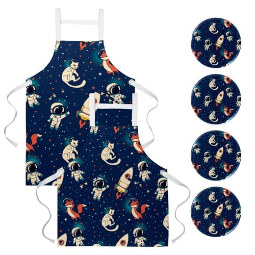 Lot de 2 tabliers de cuisine avec 4 broches design chat et renard