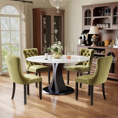 Image of 5-Piece Dining Table Set with 39In Faux Marble Table and 4 Velvet Upholstered Chairs, Modern Scandinavian Furniture for Dining Room Kitchen(Olive Green)