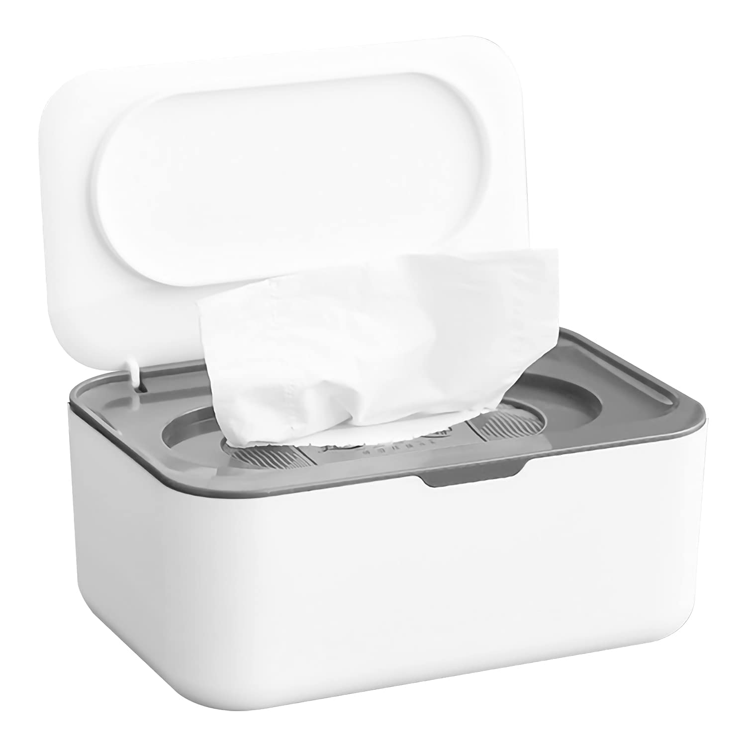 HEBEZON Wipes Dispenser, Dustproof Tissue Storage Box Case Wipes Pouch Case Baby Napkin Storage Box Holder Wet Wipes Dispenser Holder with Lid for Home Office Desk (White with Grey)-image-32