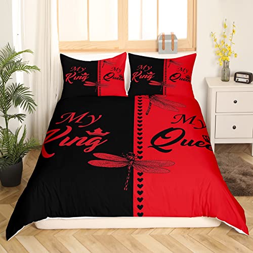 Ensemble de Literie Libellule 220x240 Housse de Couette King et Queen,Cadeaux de Couple pour Hommes et Femmes,Parure de Lit Noire et Rouge Housse Couette...