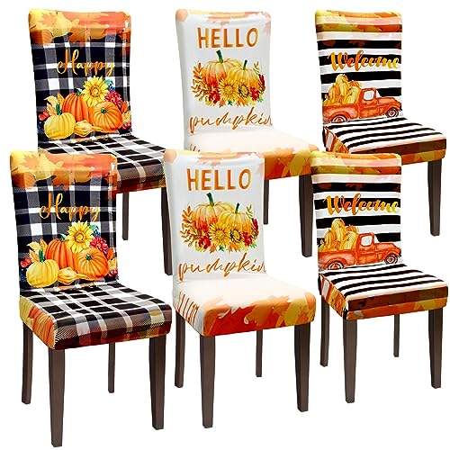 Preboun LEN-PREBOUN-1257 Fall Chair Covers Set Of 6 Thanksgiving Dining Protector Stretch Autumn Pumpkin Truck Maple Leaves Slipcovers Removable Washable cover