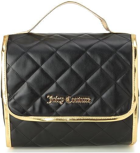 Juicy Couture Black Makeup Bag Cosmetics Organizer Travel Essentials Hanging Hook Faux Quilted Leather Gold Trim
