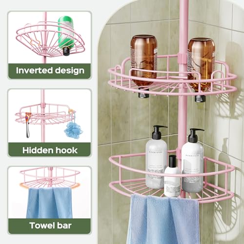 Image of HAMITOR Corner Shower Caddy Tension Pole: 4-Tier Bathroom Organizer Pink | Rust-Resistant Pink Large Capacity Bathroom Organizer, No-Drill Quick Install, Adjustable Shelves, 47.7-123.6In