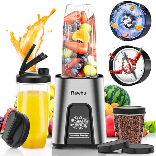 Rawhui Mixer Smoothie Maker to go, 2in1 Mini Mixer Küche zum Mahlen & Mixen, 800W Blender Elektrisch standmixer mit 2 flaschen & 6-Klingen Edelstahl, Hochleistungsmixer Für Küche, Babybrei, Shakes