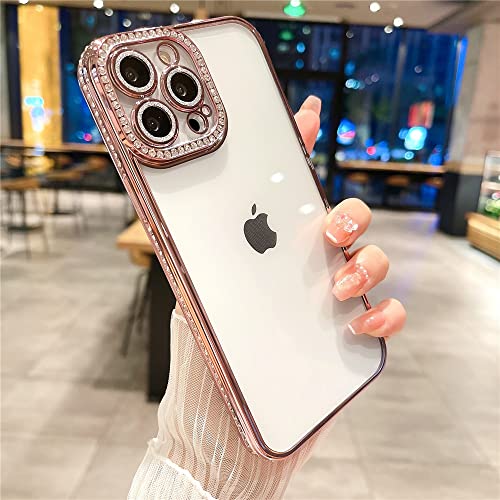 Image of Phone Case for iPhone 13 Pro Max Case with Sparkle Diamond Rhinestone Glitter Camera Len Protector,Crystal Bling Clear Cute Plating Phone Case Shockproof for iPhone 13 Pro Max 6.7''-Rose Gold