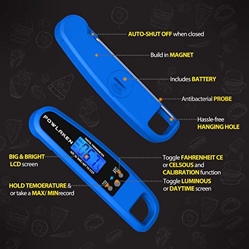 Powlaken Meat Food Thermometer for Grill and Cooking, Instant Read Waterproof Digital Kitchen Thermometer Probe for Grilling Smoker Oil Deep Fry Candy (Blue)