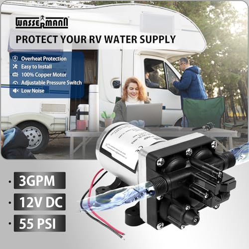 Image of WASSERMANN RV Water Pump 12V DC 4008-101-A65 /E65 Replacement, 3.0 GPM 55PSI, Quiet Pump with Pressure Switch for Camper RV Shower Garden Industrial Yacht Sprayer Food Truck Travel Trailer Water Pumps
