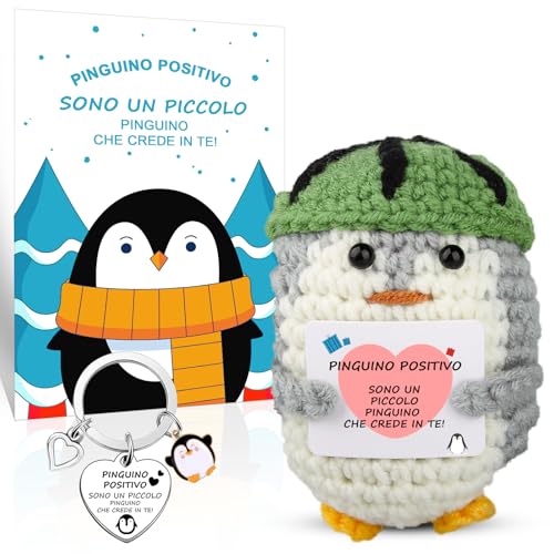 Szhhrxi Pinguino Positivo con Carta Motivazionale y Pinguino Portachiavi, Pinguini Pocket Hug Positive, Lavorata Maglia Pinguino, Regali Divertenti per Bambini Donna Ragazza Amica Collega (Verde)