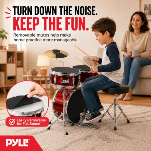 Image of Pyle Kids Drum Set, 3 Piece Beginner Junior Drummer Kit with 13 inch Bass Drum, Snare, Tom, Cymbal, Adjustable Throne, Mutes, Drumsticks, Red