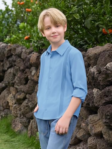 Haloumoning Boys Pleated Long Sleeve Dress Shirts Kids Button Down Collared Uniform Shirt 5-14 Years3
