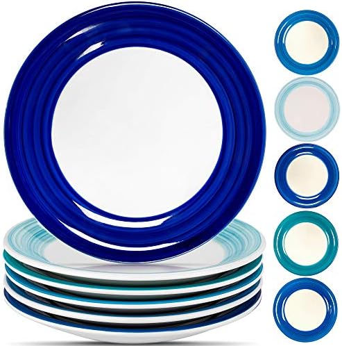 REOMORE Porcelain Dinner Plates Set of 6, 10.5 inch Ceramic Dessert Plates Set- Microwave, Oven, and Dishwasher Safe Salad Plates Kitchen Dinnerware Set, Assorted Blue Colors
