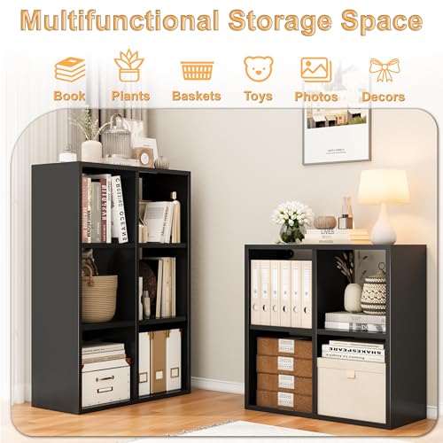 Image of VASAAOSD 6 Cube Storage Organizer - Metal Bookshelf, Black Cube Shelf, Deep Cube Shelving with Corner Protector, Toy Display Bookcase for Living Room, Bedroom, Office, Entryway