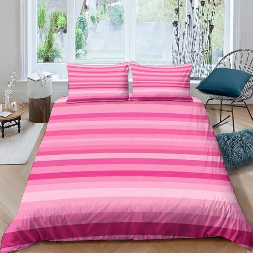 Housse de Couette 140x200cm Rayures Roses 3D pour Lit Simple