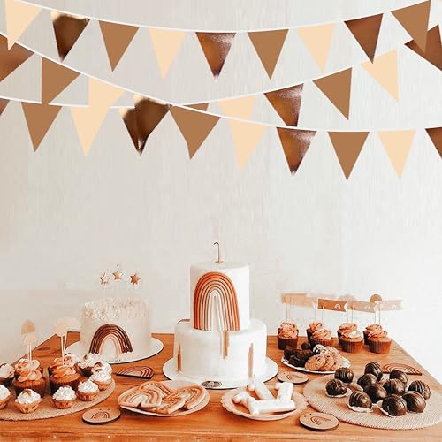 Image of 32Ft Brown Party Decorations Metallic Brown Triangle Banner Flag Pennant Fabric Garland Streamers for Boho Birthday Fall Western Cow Wild West Teddy Bear Party Outdoor Decor Supplies